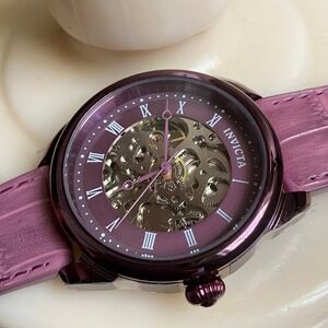 Invicta Specialty Mens Skeleton Watch‎ Analogue Mechanical Purple Leather Band
